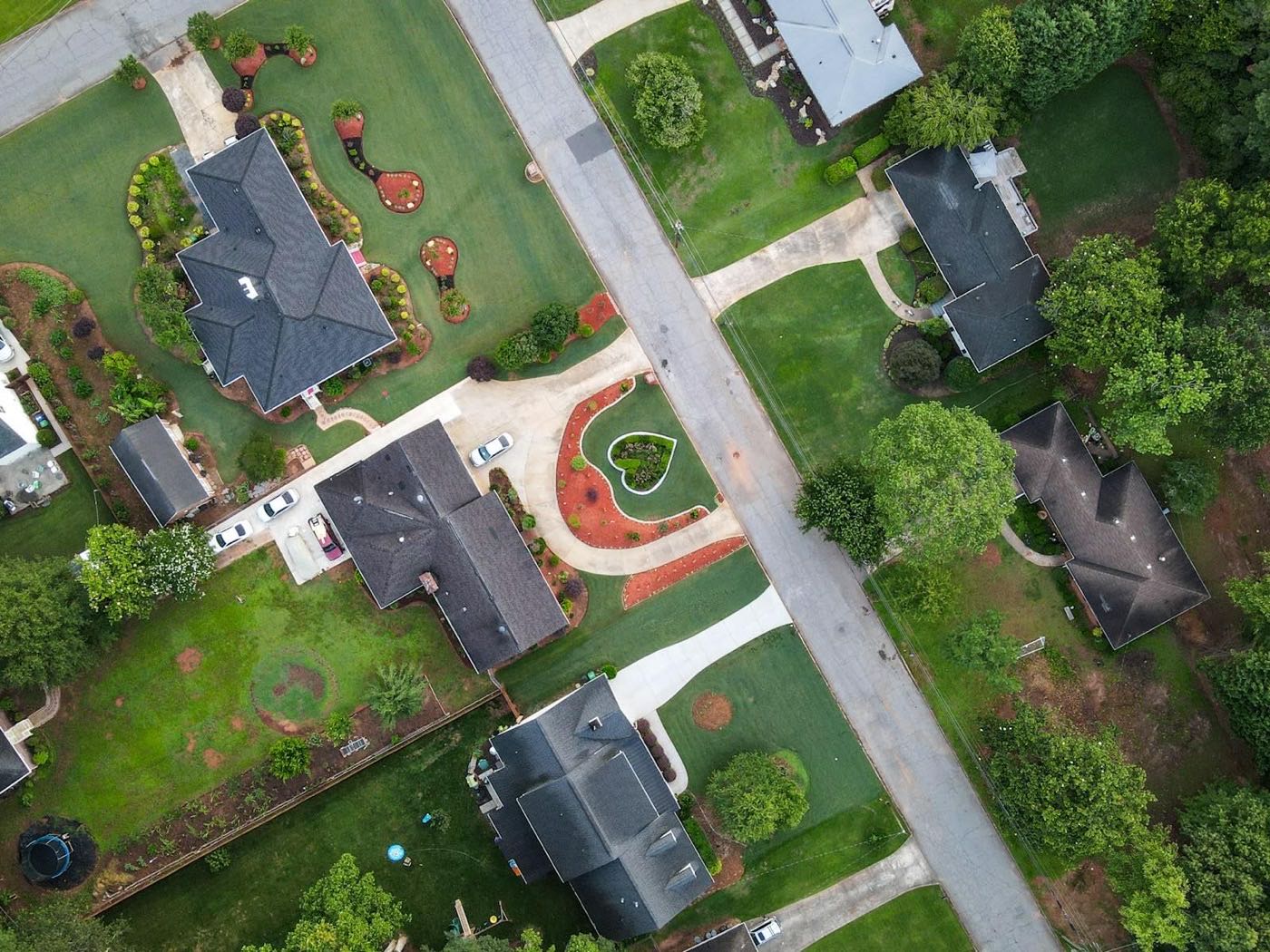 Aerial view of a leafy residential neighborhood